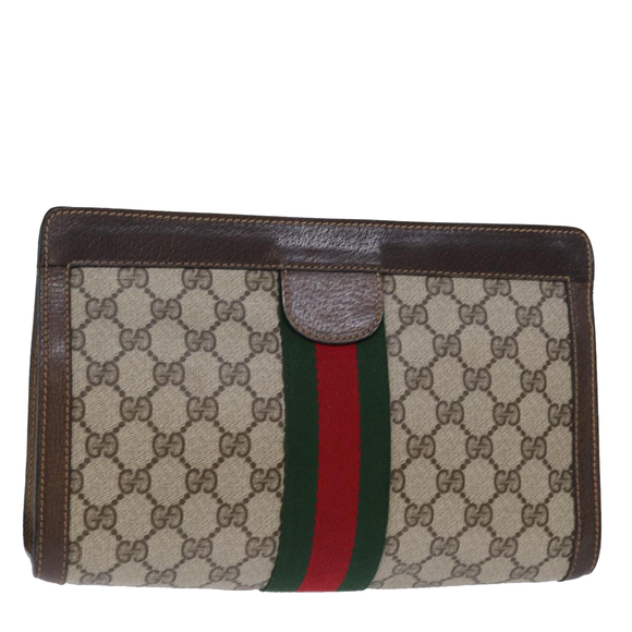 GUCCI GG Supreme Web Sherry Line Clutch Bag PVC Beige Red 89 01 002 Auth yk12307 - Picture 1 of 16